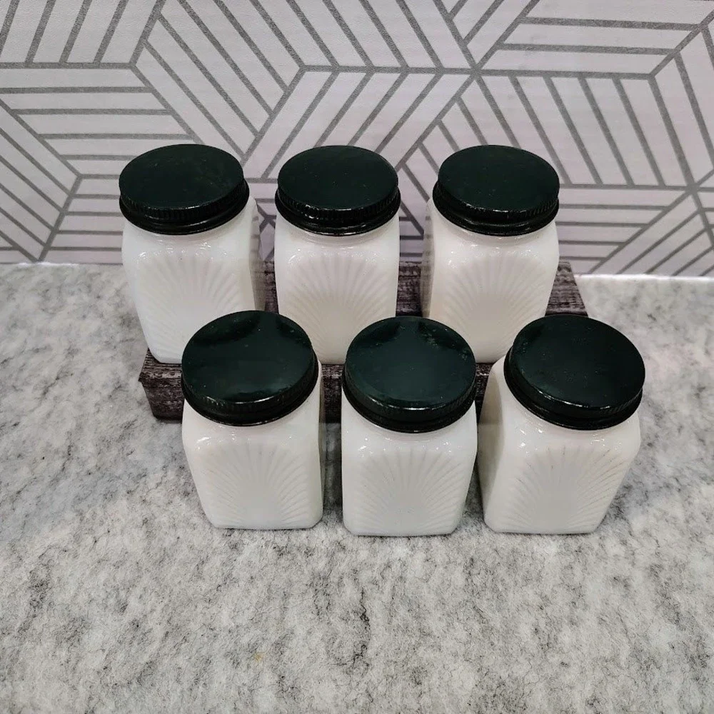 Vintage Art Deco Milk Glass Spice Jar Set 6pc Sunburst White Dark Green Lids